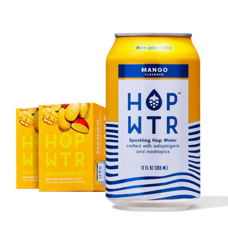 HOP WTR Sparkling Hop Water, Mango 12 Pack, Sugar Free, Low Carb Non Alcoholic Drinks, NA Beer, Adaptogen Drink, No Calories, Adaptogens &amp; Nootropics for Added Benefits, 12 oz Cans