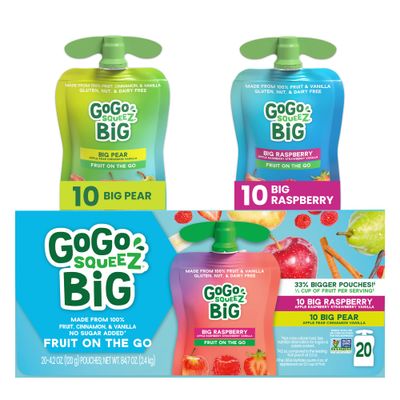 GoGo squeeZ BIG Variety Pack, BIG Pear &amp; BIG Raspberry, 4.2 oz. (Pack of 20), Unsweetened Fruit Snacks for Kids, Gluten Free, Nut Free and Dairy Free, Recloseable Cap, BPA Free Pouches