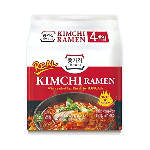 JONGGA Kimchi Ramen with Real Kimchi Pack of 4, Korean Instant Hot and Spicy Kimchi Noodle Soup, Authentic Savory Korean Kimchi Ramen Packs, Quick and Convenient, Ready in 5 minutes