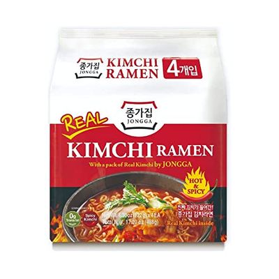 JONGGA Kimchi Ramen with Real Kimchi Pack of 4, Korean Instant Hot and Spicy Kimchi Noodle Soup, Authentic Savory Korean Kimchi Ramen Packs, Quick and Convenient, Ready in 5 minutes