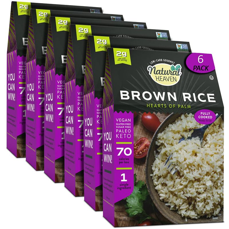 Natural Heaven Hearts of Palm Rice, Brown - Low-Carb and Low-Calorie Brown Rice, Keto, Paleo, Plant-Based Healthy Food, Ready to Eat, 9 Oz Ea (Pack of 6)