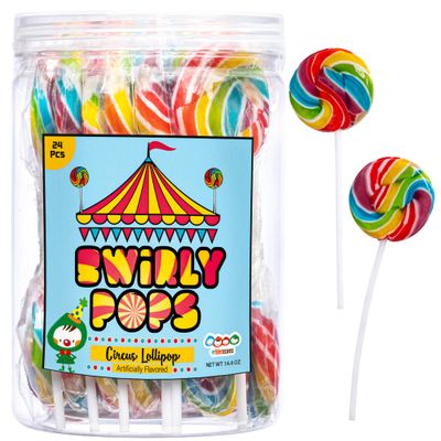 24 Circus Rainbow Lollipops Individually Wrapped, Bursting with Fruity Flavor, Great Swirl Lollipops for Kids Birthday Parties, Party Favor Candy and Cake Toppers, By 4YoreElves (Pack of 24)