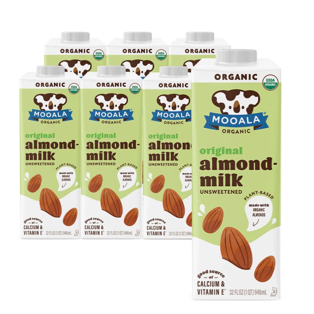 Mooala Organic Almond Milk Unsweetened 32 fl oz (Pack of 6) -Shelf-Stable, Lactose Free, Gluten-Free, Vegan, No Added Sugar, Plant-Based Beverage