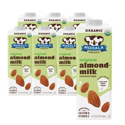 Mooala Organic Almond Milk Unsweetened 32 fl oz (Pack of 6) -Shelf-Stable, Lactose Free, Gluten-Free, Vegan, No Added Sugar, Plant-Based Beverage