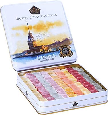 Cerez Pazari Turkish Delight Candy Gift Basket 1.6 lbs, Lokum Dessert Gourmet Christmas Holiday Corporate Food Gifts in Elegant Tin Box, Thanksgiving, Halloween, Birthday with 6 Unique Flavors