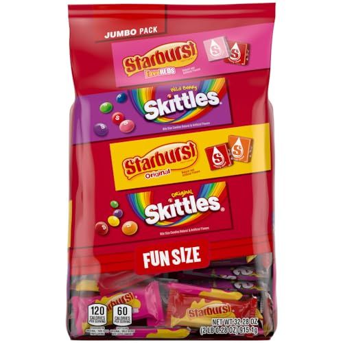 SKITTLES Original, SKITTLES Wild Berry &amp; STARBURST Original and STARBURST FaveReds Fun Size Chewy Candy Variety Bag, 32.28 Oz Jumbo Pack