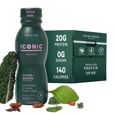 Iconic Protein Drinks, Cacao + Greens (12 Pack) - Sugarfree Protein Shakes with Organic Veggies &amp; Unroasted Cacao - Low Carb, Lactose Free, Gluten Free, Soy Free - Keto Friendly
