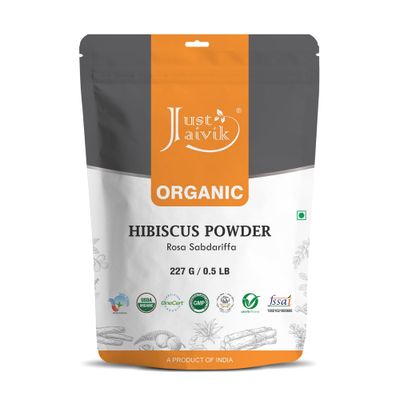 Just Jaivik 100% Organic Hibiscus Flower Powder (Hibiscus Sabdariffa) 1/2 LB, 08 oz, 227g USDA Certified Organic- Biodegradable Resealable Zip Lock Pouch Just Jaivik 100% Organic Hibiscus Flower Powder (Hibiscus Sabdariffa) 1/2 LB, 08 oz, 227g USDA Certified Organic- Biodegradable Resealable Zip Lock Pouch