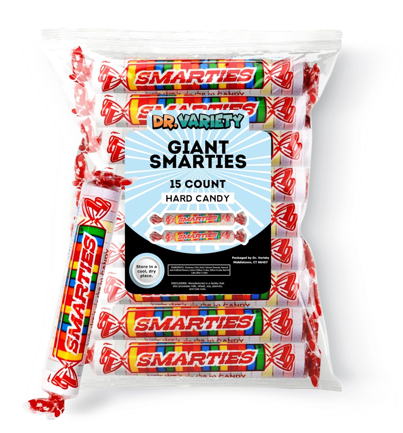 Giant Smartie Hard Candy Roll, Assorted Flavors (15 Count) - Bulk Jumbo Smarty Candy Roll, Individually Wrapped Large Smartees, Nostalgic Candy, Gluten Free, Vegan Candy - By Dr. Variety