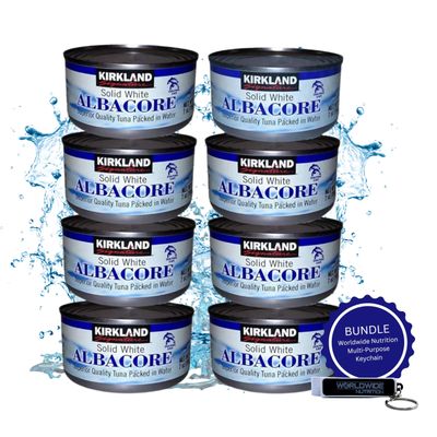 Worldwide Nutrition Bundle Compatible with Kirkland Signature Solid White Albacore Tuna - Premium Quality and Deliciously Versatile Tuna - 8 Counts of 7 Ounce Cans and Multi-Purpose Key Chain