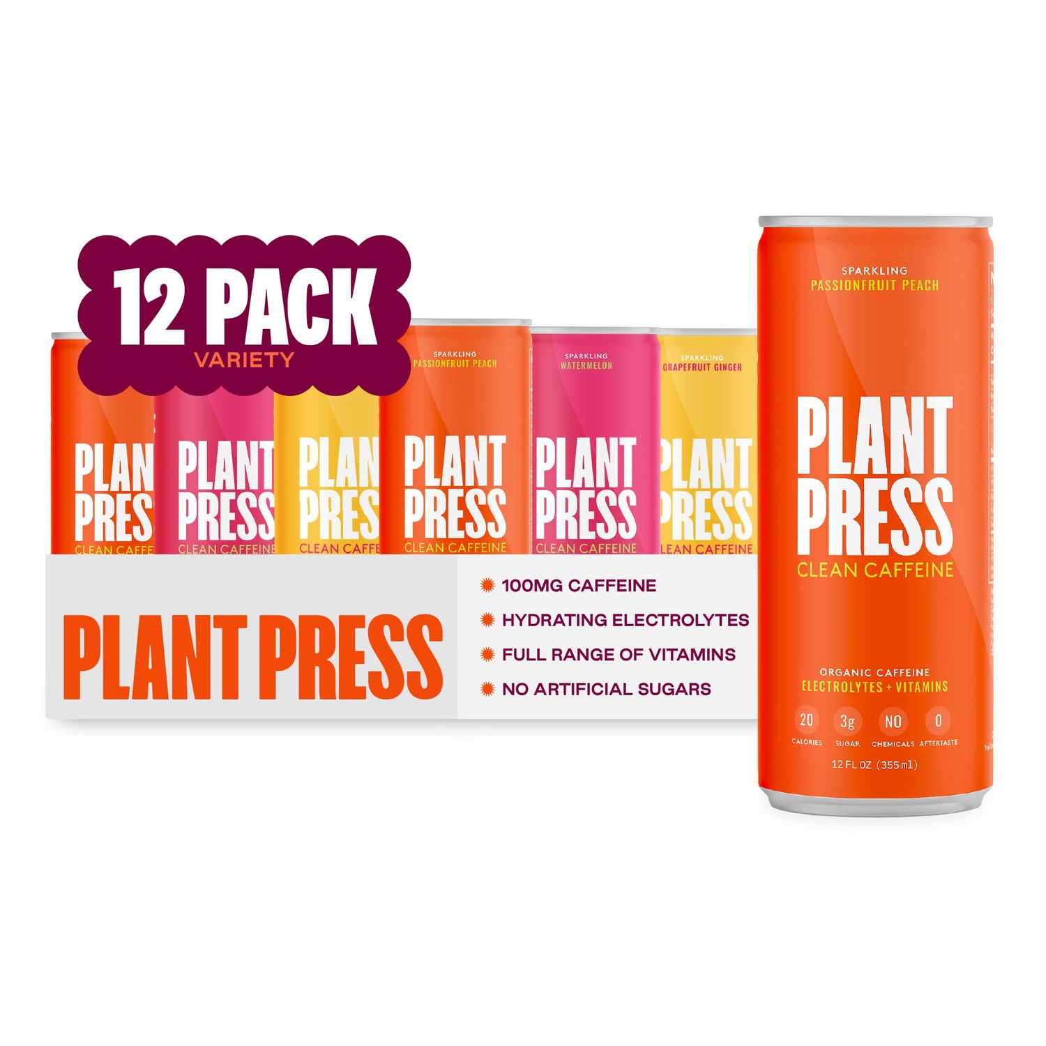 Plant Press - Variety Pack, Organic Clean Caffeine Energy Drink &amp; Coffee Alternative, Full Range of Vitamins, Electrolytes, No Sugar Alcohols, No Preservatives (12 Fl Oz, 12 Pk)