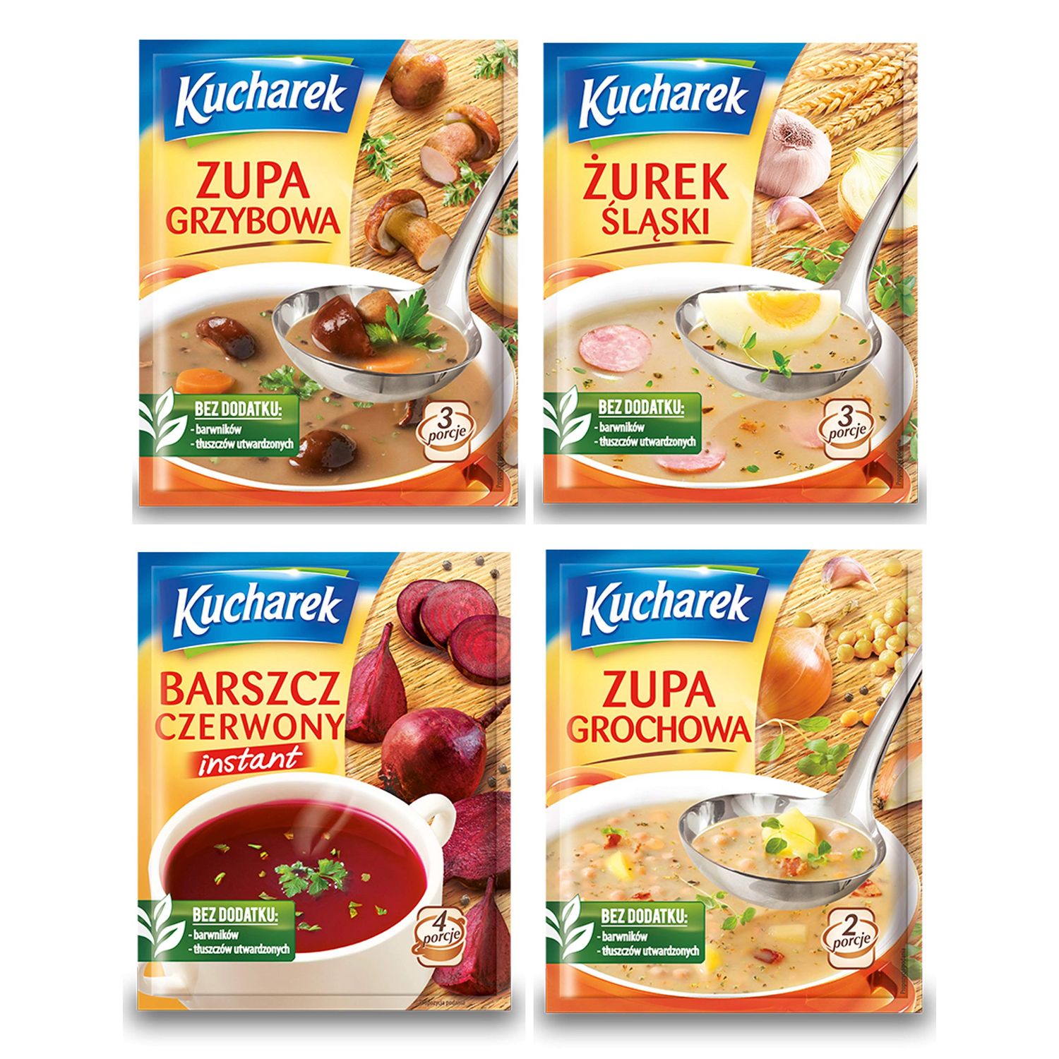 Kucharek SOUP mix of 8: SILESIAN SOUR SOUP (zurek Slaski) 2x46 g, RED BORSCH,NSTANT (barszcz czerwony) 2x48 g, MUSHROOM SOUP (zupa grzybowa) 2x42 g, PEA SOUP (zupa grochowa) 2x45 g.