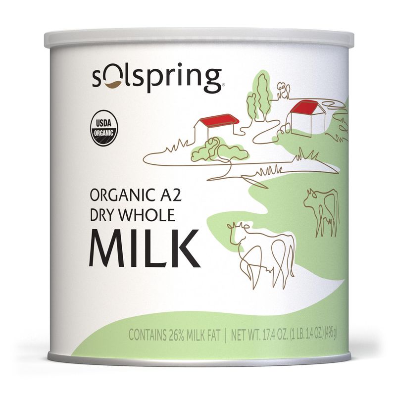 Solspring Organic A2 Dry Whole Milk, 15 Servings, 17.4 Oz. (495 g), Contains 26% Milk Fat, Gluten Free, Soy Free, Certified USDA Organic, Dr. Mercola