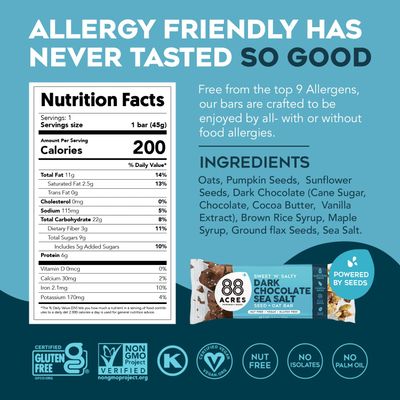 88 Acres Granola Bars | Gluten Free, Nut-Free Oat and Seed Snack Bar | Vegan &amp; Non GMO | 6 Pack (Dark Chocolate Sea Salt))