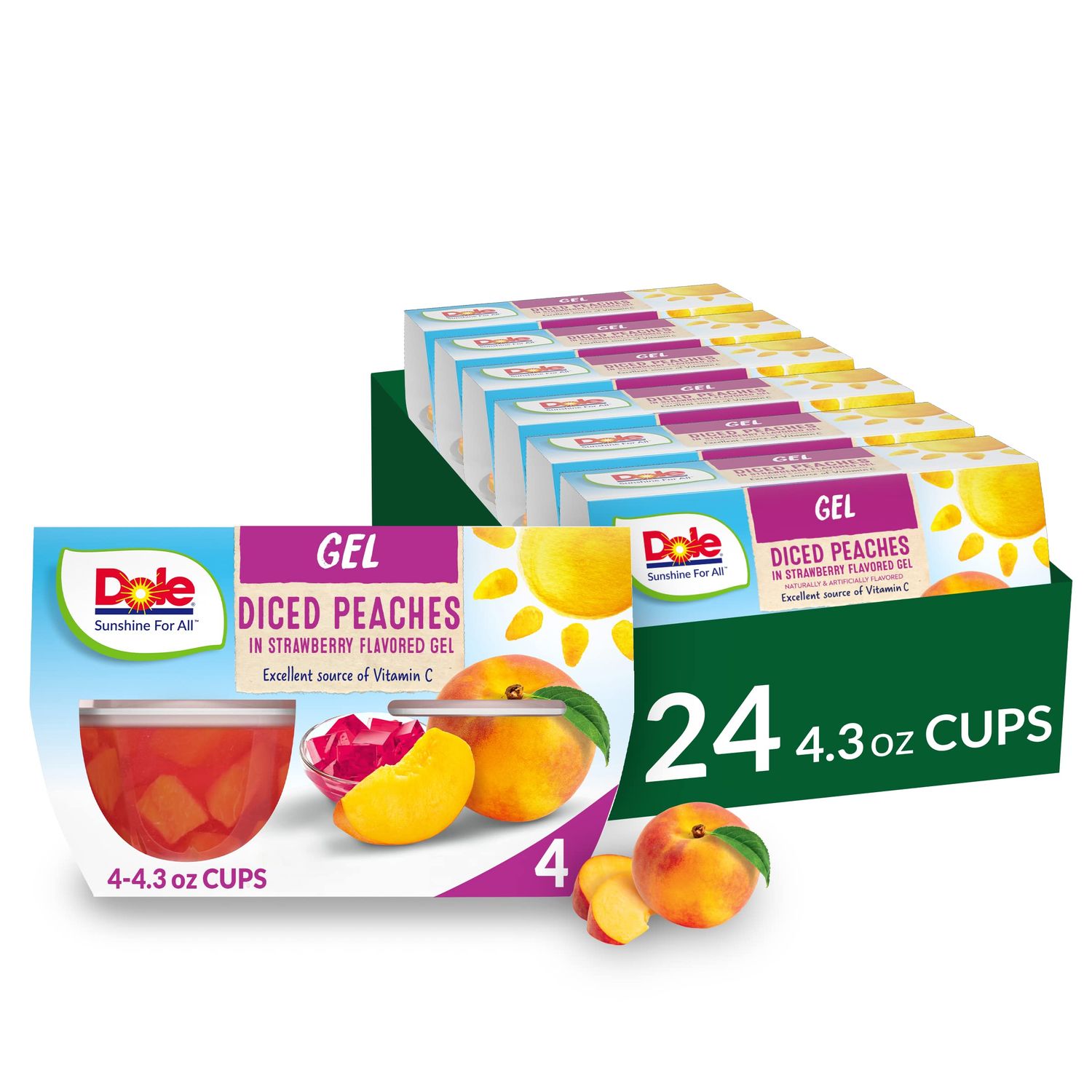 Dole Fruit Bowls Peaches in Strawberry Flavored Gel Snacks, 4.3oz 24 Total Cups, Gluten &amp; Dairy Free, Bulk Lunch Snacks for Kids &amp; Adults
