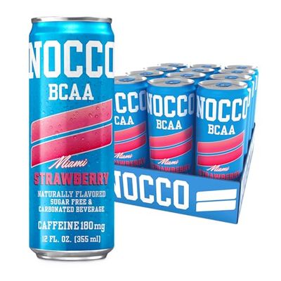 NOCCO BCAA Energy Drink Miami Strawberry - 12 Fl Oz (Pack of 12) - 180mg of Caffeine Sugar Free Energy Drinks - Carbonated &amp; Low Calorie, BCAAs, Vitamin B6, B12, &amp; Biotin - Grab &amp; Go Performance Drink