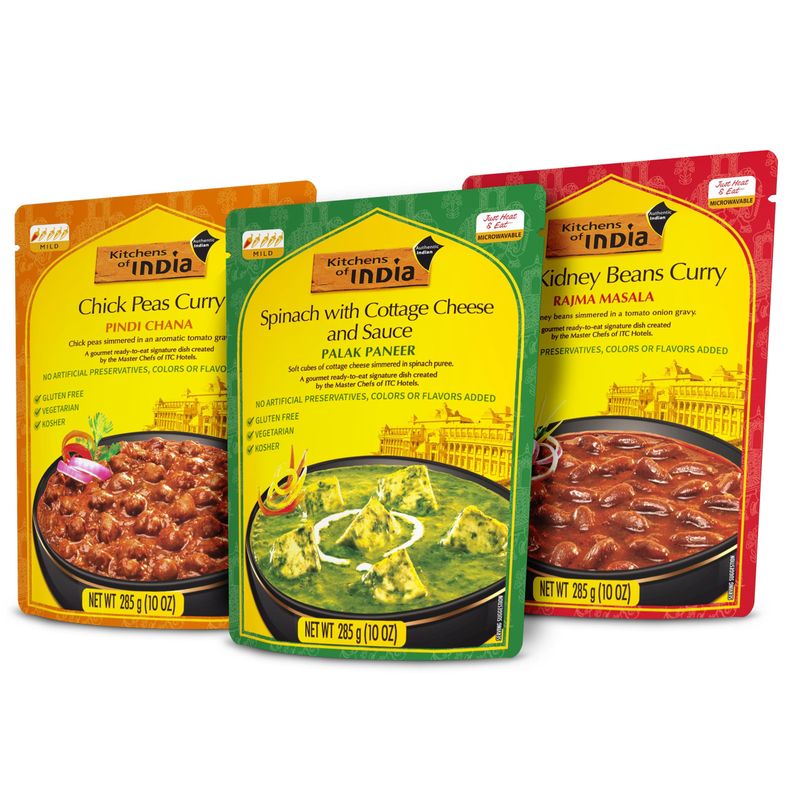 Kitchens of India Ready To Eat Combo - Rajma Masala, Pindi Chana &amp; Palak Paneer, 10 Ounces - Pack of 3, Authentic Vegetarian Indian Food, Gluten-Free
