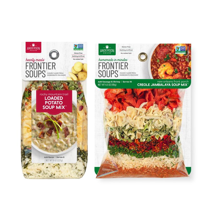 Anderson House Frontier Soups Combo Pack: (1) Rocky Mountain Trail Loaded Potato, 8 oz and (1) New Orleans front porch Creole Jambalaya, 6.5 oz