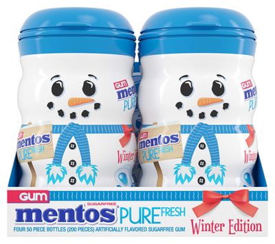Mentos Pure Fresh Sugar Free Chewing Gum, Fresh Mint Flavor, Holiday Christmas Stocking Stuffers for Adults & Kids, Winter Edition Snowman Bottle, Secret Santa, 50 Count (Bulk Pack of 4)