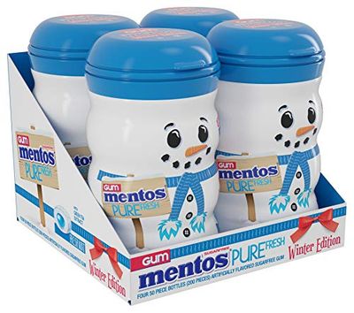 Mentos Pure Fresh Sugar Free Chewing Gum, Fresh Mint Flavor, Holiday Christmas Stocking Stuffers for Adults &amp; Kids, Winter Edition Snowman Bottle, Secret Santa, 50 Count (Bulk Pack of 4)
