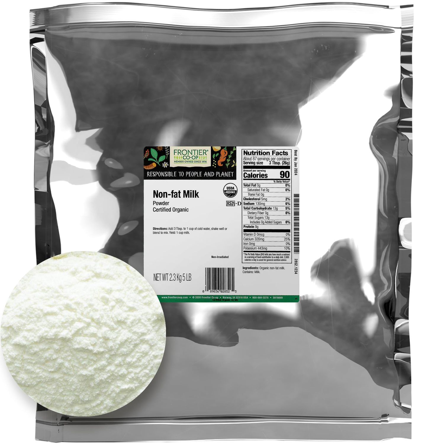 Frontier Co-op Organic Non-Fat Milk Powder 5lb Bulk Bag - Non Fat Powdered Milk for Baking, Cooking, Rehydrating or Shelf Stable Milk Powder