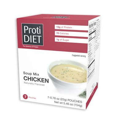 ProtiDIET High Protein Chicken Soup Mix - Low Sugar, No Fat, Quick and Easy-to-Prepare Meal Replacement Protein Powder Soup Mix Nutritious Vitamins - 7 Soup Mix Pouches Per Box