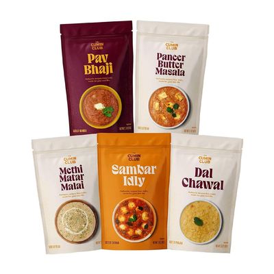 The Cumin Club Indian Ready to Eat Meals Pack of 5 |10 Servings - Paneer Tikka, Sambar Idly, Pav Bhaji, Methi Matar Malai, Dal Tadka - Instant Food Just Add Hot Water, No Preservatives