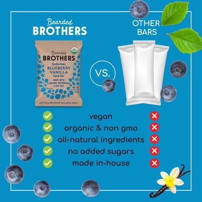 Bearded Brothers Organic Vegan Protein Energy Bars - Gluten Free, Soy Free, Paleo, Fiber, Whole 30 | Non GMO, Low Glycemic | 12 Pack Blueberry Vanilla