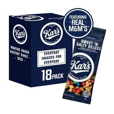 Kars Nuts Sweet N Salty Deluxe Trail Mix, 1.5 oz Individual Snack Packs - Bulk Pack of 18, Gluten-Free Snacks