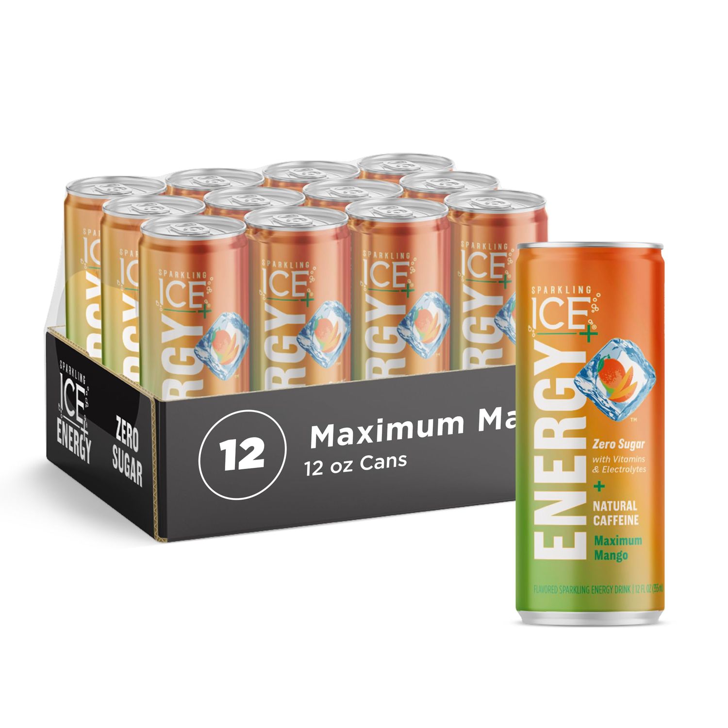 Sparkling Ice +Energy Maximum Mango 12Pk. Energy Drinks with Vitamins + Antioxidants, Zero Sugar. 12 fl oz cans.