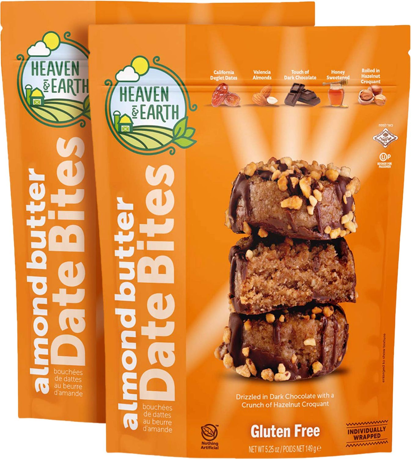 Heaven &amp; Earth Gluten Free Chocolate Covered Almond Butter Date Bite Truffles with Hazelnut Croquet 5.25oz (2 Pack), All Natural, Individually Wrapped Date Snack, Kosher (Including Passover)