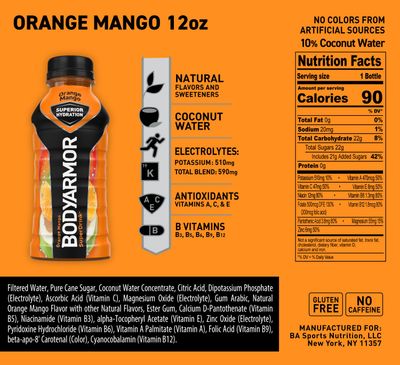 BODYARMOR Sports Drink Sports Beverage, Orange Mango, Coconut Water Hydration, Natural Flavors With Vitamins, Potassium-Packed Electrolytes, Perfect For Athletes, 12 Fl Oz (Pack of 8)