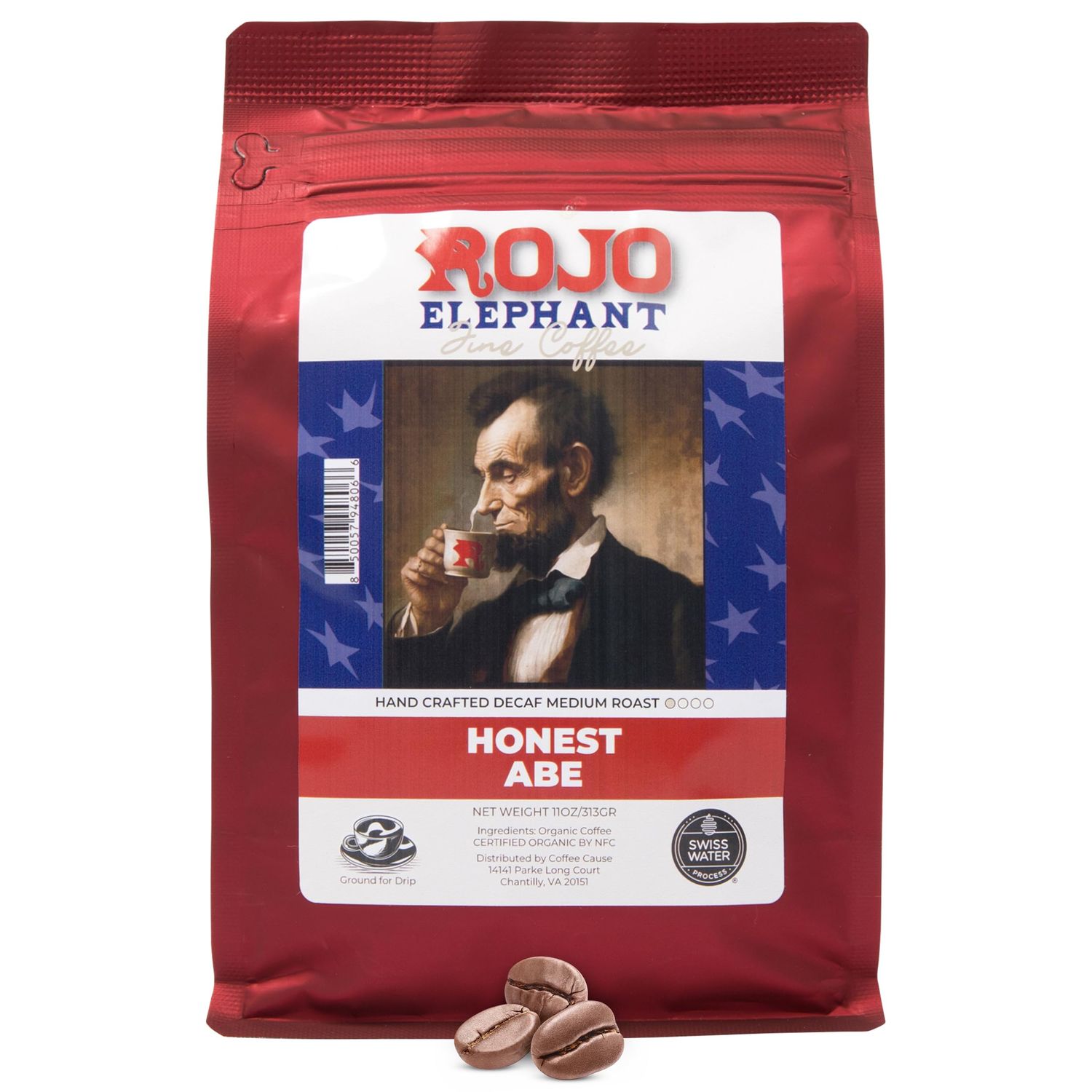 Rojo Elephant Honest Abe Handcrafted Decaf Ground Coffee, Single-Origin 100% Arabica Beans, Premium Roast, Smooth, Rich Flavor, Swiss Water, Mountain Water Process, Decaffeinated, 11 0z Pack
