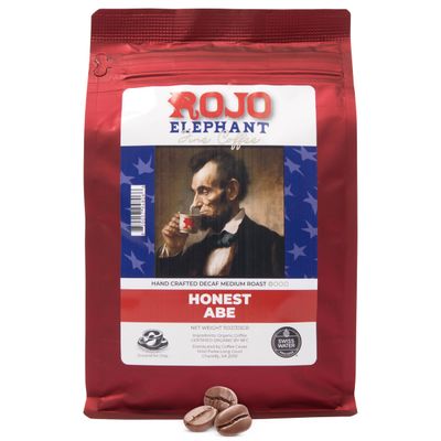 Rojo Elephant Honest Abe Handcrafted Decaf Ground Coffee, Single-Origin 100% Arabica Beans, Premium Roast, Smooth, Rich Flavor, Swiss Water, Mountain Water Process, Decaffeinated, 11 0z Pack