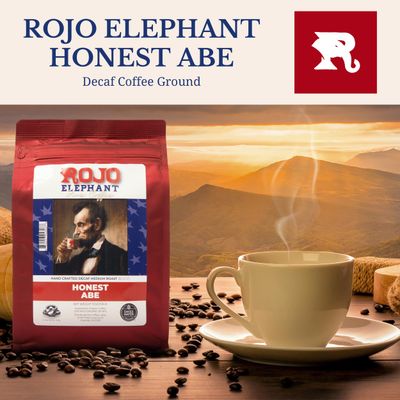 Rojo Elephant Honest Abe Handcrafted Decaf Ground Coffee, Single-Origin 100% Arabica Beans, Premium Roast, Smooth, Rich Flavor, Swiss Water, Mountain Water Process, Decaffeinated, 11 0z Pack