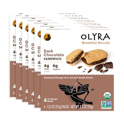 Olyra Dark Chocolate Sandwich Breakfast Biscuits, Healthy Snacks for Kids and Adults, Low Sugar, High Fiber, Vegan Organic Cookies, with Ancient Greek Grains, USDA Certified Organic, Non GMO, 24 Packs