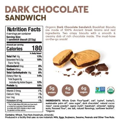 Olyra Dark Chocolate Sandwich Breakfast Biscuits, Healthy Snacks for Kids and Adults, Low Sugar, High Fiber, Vegan Organic Cookies, with Ancient Greek Grains, USDA Certified Organic, Non GMO, 24 Packs