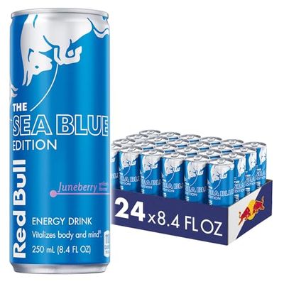 Red Bull Sea Blue Edition Energy Drink, Juneberry, with 80mg Caffeine plus Taurine &amp; B Vitamins, 8.4 Fl Oz, Pack of 24 Cans