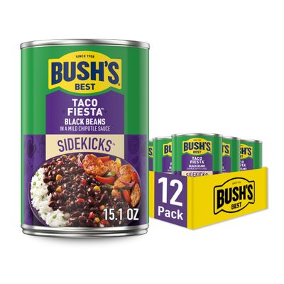BUSH&#39;S BEST 15.1 oz Canned Taco Fiesta Black Beans, Source of Plant Based Protein and Fiber, Low Fat, Gluten Free, (Pack of 12)