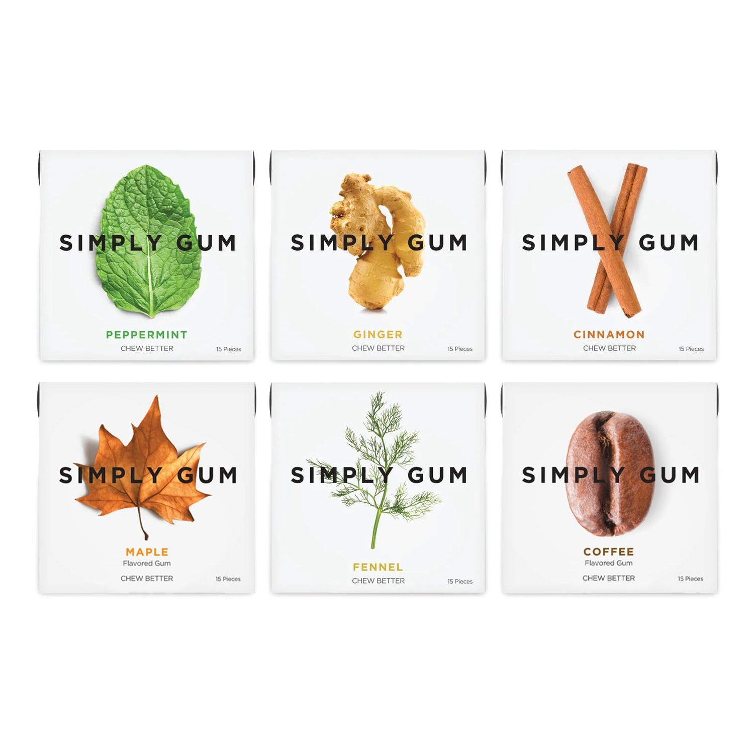 Simply Gum | Variety Pack - Peppermint, Cinnamon, Ginger, Fennel, Maple, Coffee | Plant- Based Chewing Gum | Synthetic Plastic Free + Aspartame Free + non GMO