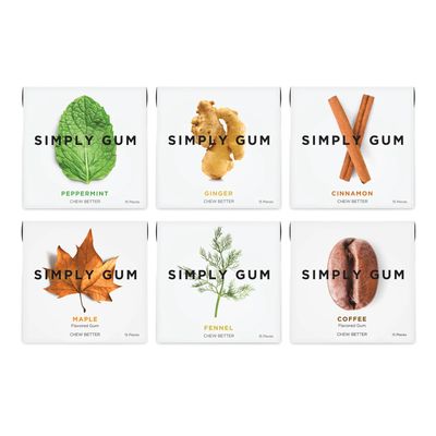 Simply Gum | Variety Pack - Peppermint, Cinnamon, Ginger, Fennel, Maple, Coffee | Plant- Based Chewing Gum | Synthetic Plastic Free + Aspartame Free + non GMO