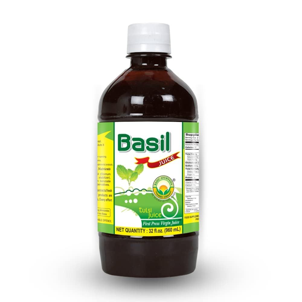 BASIC AYURVEDA Holy Basil (Tulsi) Juice | Extracted from Organic Tulsi Leaves | Herbal Juice for Skin Health | No Sugar Added | Support Healthy Digestion &amp; Immunity | 32.46 Fl Oz/960ml