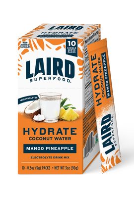 Laird Superfood Hydrate Coconut Water - Electrolyte Drink Mix - Mango Pineapple, 10 Single Serve Sticks - 0g Added Sugar - No Artificial Ingredients - On-the-go Hydration