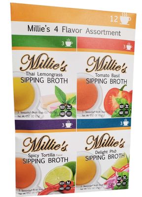 MILLIE&#39;S SIPPING BROTH Steepable Vegetable Broth with Savory Seasonings for Snack Urges | Vegan, Keto, Gluten Free, Intermittent Fasting, and natural | (4 Pack Assortment - 12 Broth Bags Total)