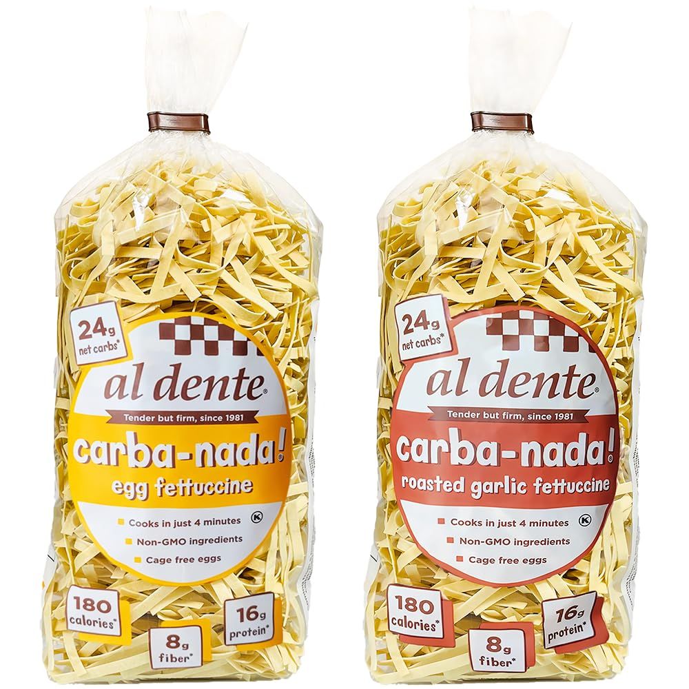 Al Dente Carba-Nada Variety Pack - Lower Carb, High Protein Pasta. Includes Egg Fettuccine &amp; Roasted Garlic Fettuccine. Keto-Friendly, Artisanal, Non-GMO, Cage-Free Eggs, 10oz Bags (Pack of 2).