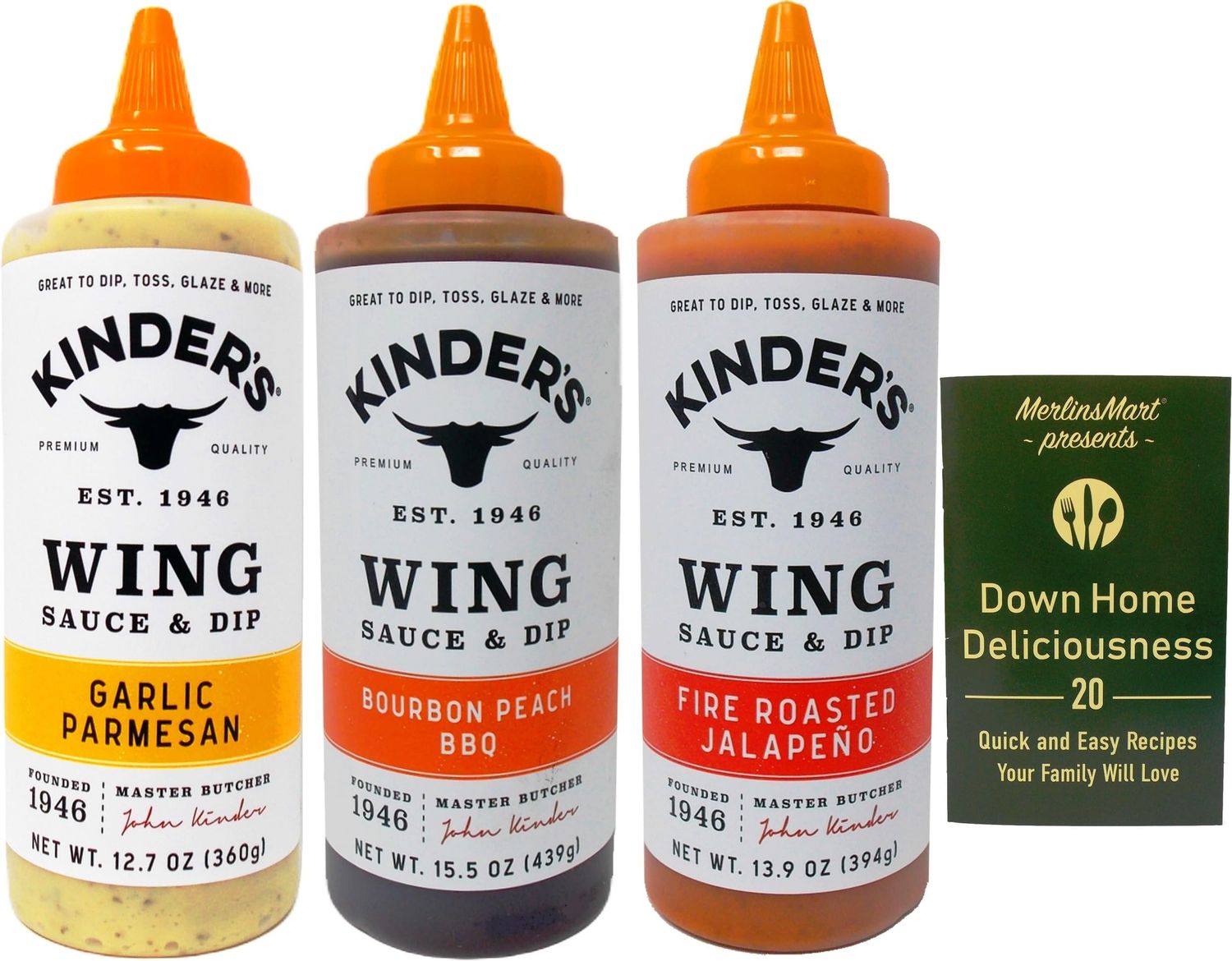 Kinder&#39;s Wing Sauce &amp; Dip 3 Flavor Variety - (1) Each: Garlic Parmesan, Bourbon Peach BBQ, Fire Roasted Jalapeno (12.7-15.5 Ounces) - Plus Recipe Booklet Bundle