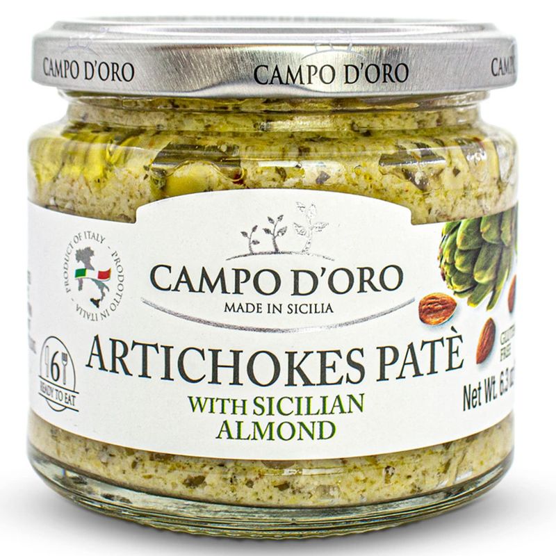 Creamy Artichoke and Almond Dip, 6.35 oz, 180 g. Non GMO, Artichoke Spread Sauce, Made with Sicilian Almonds Product of Italy, by Campo D&#39;Oro
