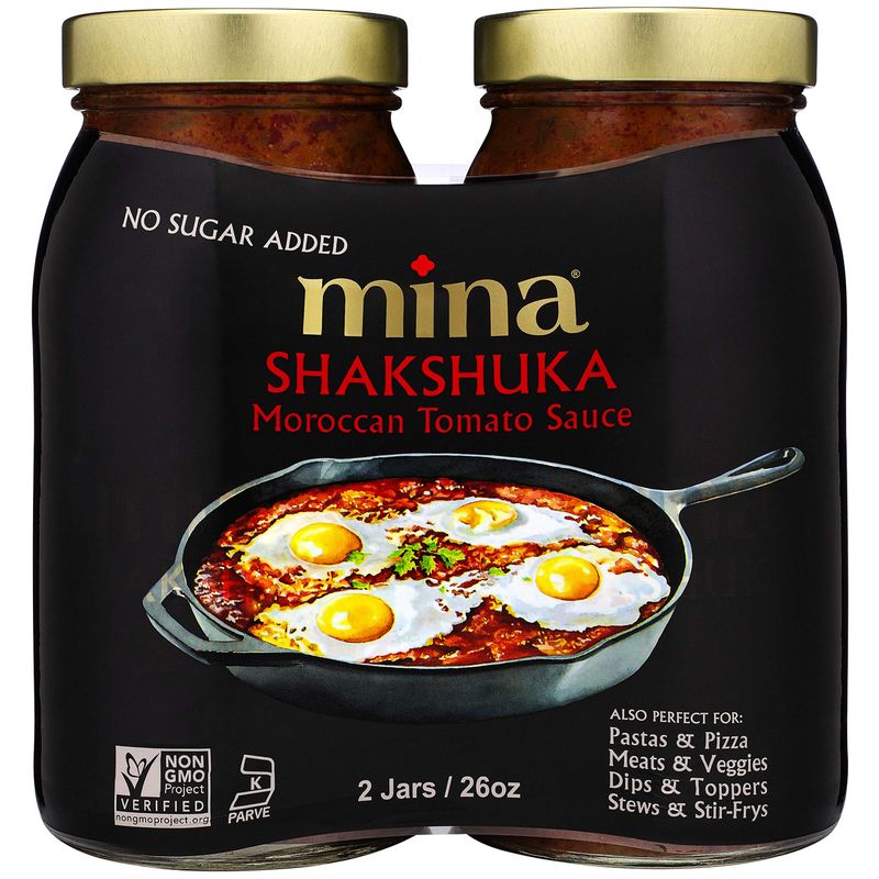 Mina Shakshuka Sauce, Moroccan Tomato Sauce, 26 Oz (2 Pack) Sugar Free Sauce, Keto Friendly, Perfect to Use as Pasta Sauce and Simmer Sauce, Delicious with Eggs, Pizza, Sandwiches, and More