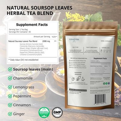 Soursop Tea Leaves bags - Pure Graviola Leaf, Peppermint, Chamomile &amp; Cinnamon - All natural, Dye-free bag - Herbal Tea for Health, Refreshing Brew, Zesty Taste - 30 tea bags