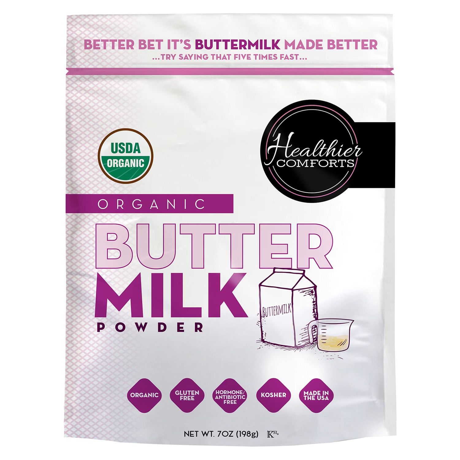 Healthier Comforts Organic Buttermilk Powder | USDA Certified Organic Powdered Buttermilk, Kosher, Gluten Free, Non-GMO | Dry Buttermilk Powder for Baking Supplies, Biscuits &amp; Gravy, Mini Pancakes 7oz